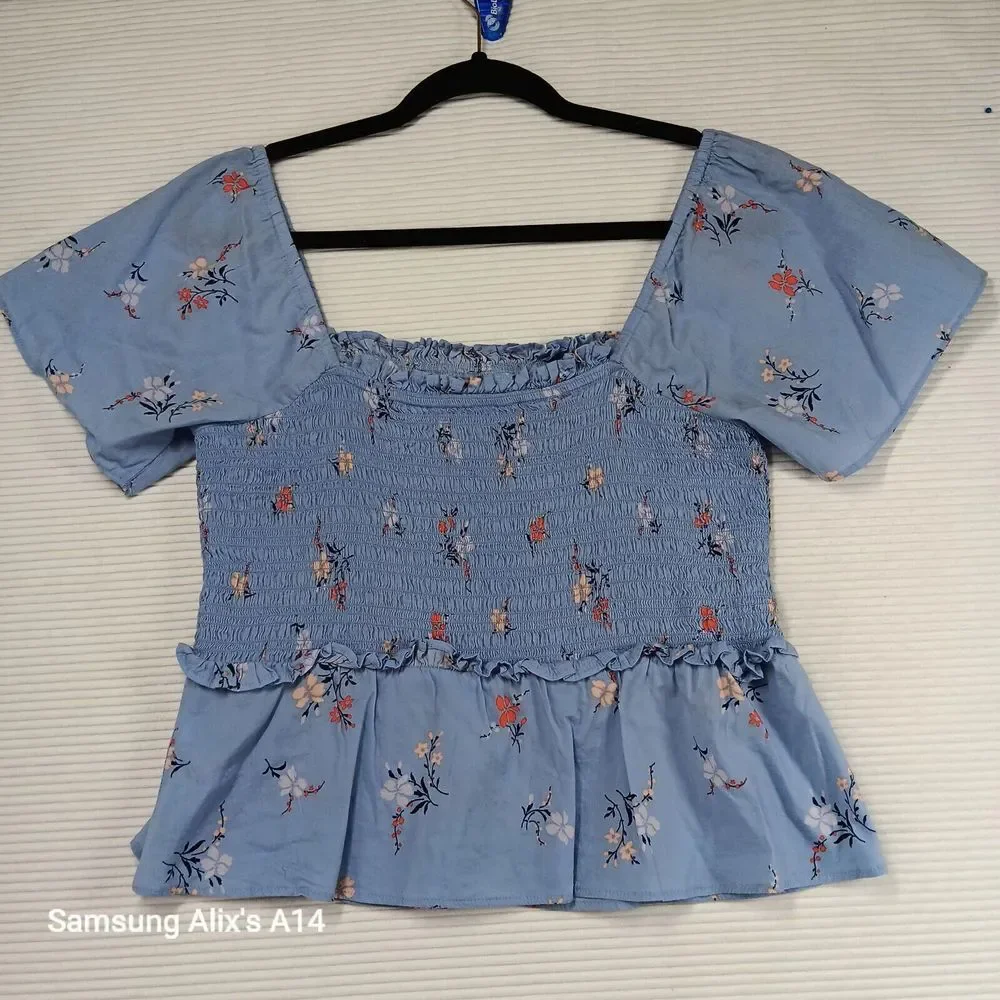 MADEWELL Top Womens S Floral Smocked Cropped‎ Puff Sleeve  Cotton  Blue